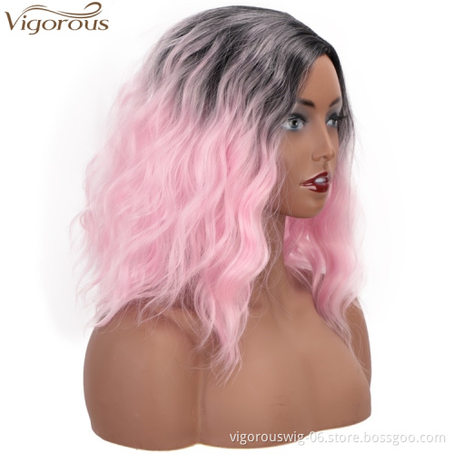 Vigorous 14 Inch Curly Wave Short Bob Wigs Ombre Light Pink Synthetic Cosplay Pastel Wig for Girl Costume Christmas Party